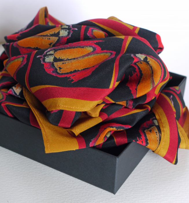 'Zooming In' red stripes, silk scarf (AN351R)