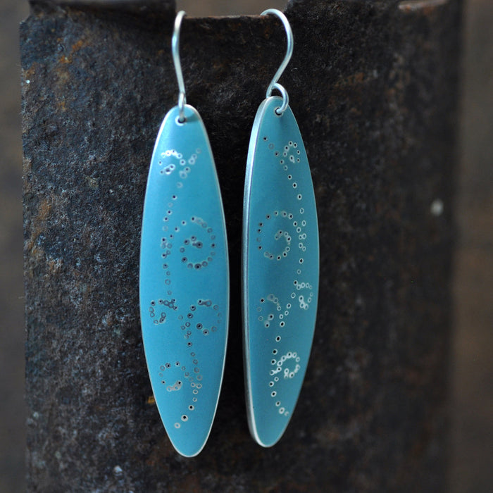 Earrings, 'floral' long lozenge, matt turquoise enamel and silver (FH479)