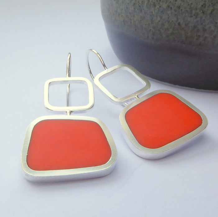 Orange Colourblock Square Drops Earrings (ST249)