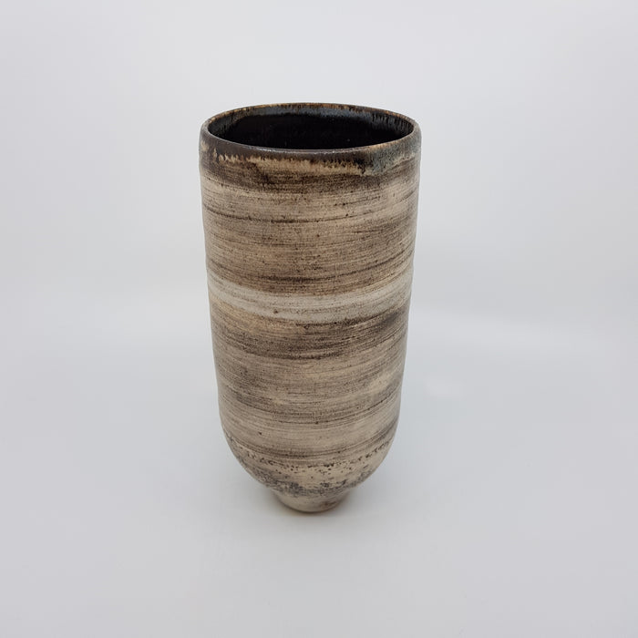Vase with curved base, satin cream glaze over iron and manganese oxides  (TL1161)