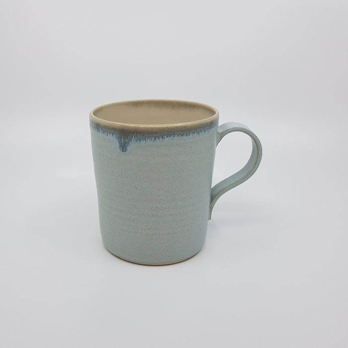 Mug, satin pale blue/ white glaze, grey rim (TL471)