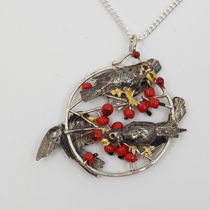 Necklace, cloud of blackbirds in red berry bush (ED229)
