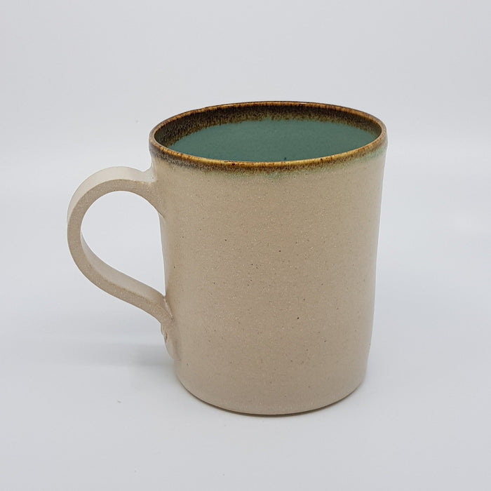 Mug, satin cream/turquoise glaze tenmoku rim (TL294)