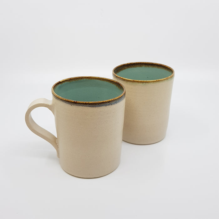 Mug, satin cream/turquoise glaze tenmoku rim (TL294)