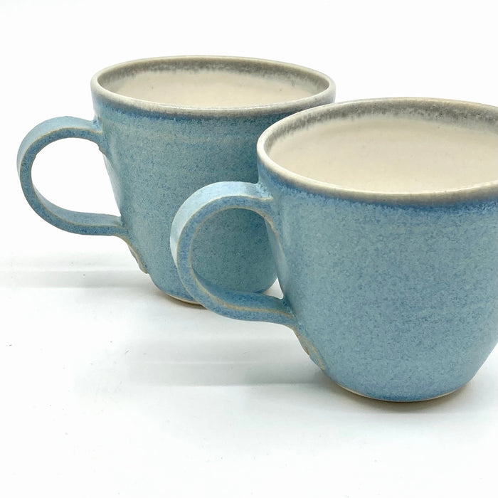 Curve Espresso Cup, satin pale blue/ white glaze, grey rim (TL470)