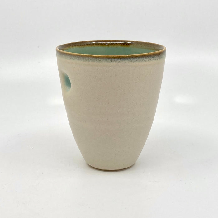 Thumb beaker, satin cream/turquoise glaze tenmoku rim (TL304)