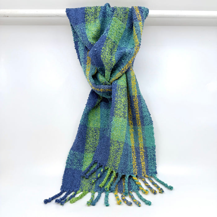 Handwoven silk and linen scarf, turquoise/blue/yellow stripes (SB203)