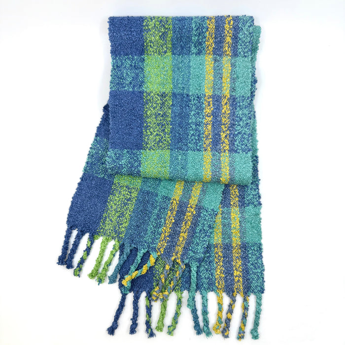 Handwoven silk and linen scarf, turquoise/blue/yellow stripes (SB203)