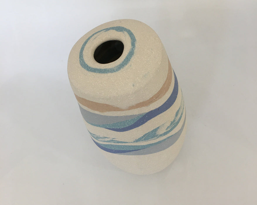 Vessel, white with coloured bands of blue, sand & turquoise (AJ2)