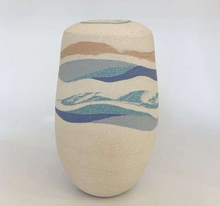 Vessel, white with coloured bands of blue, sand & turquoise (AJ2)