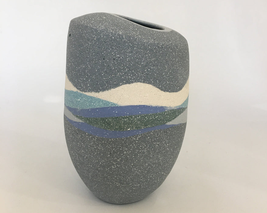 Vessel, grey with coloured bands of blue, sand & turquoise (AJ3)