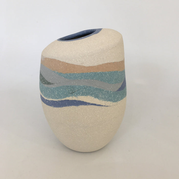 Vessel, white curved top with coloured bands of blue, sand & turquoise (AJ4)