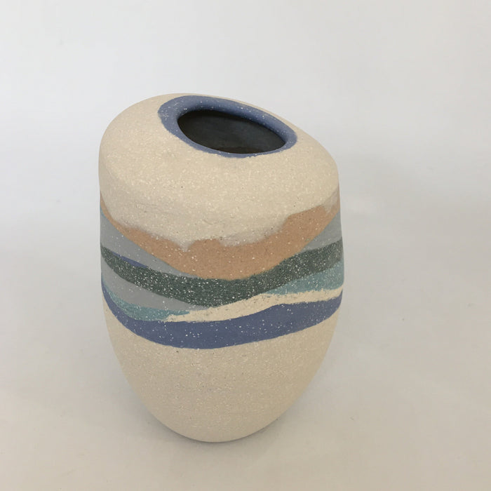 Vessel, white curved top with coloured bands of blue, sand & turquoise (AJ4)