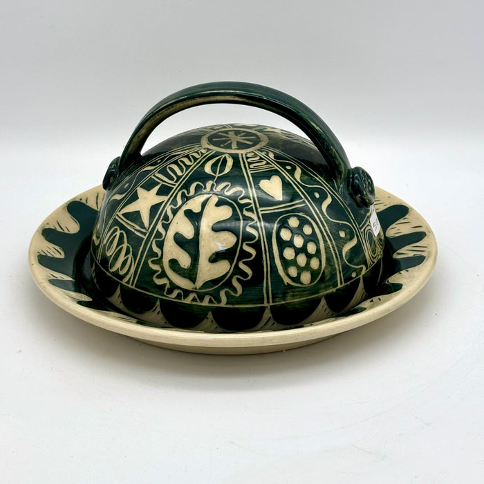 Butter/cheese dish and cover, green engraved (AH831)