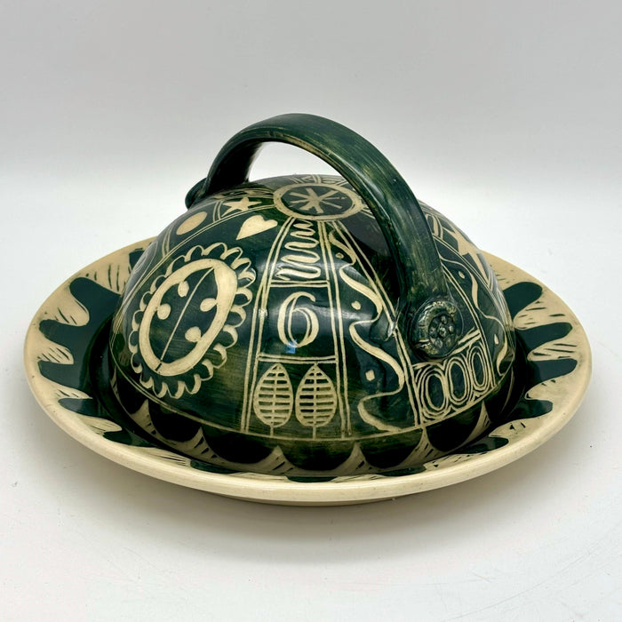 Butter/cheese dish and cover, green engraved (AH831)