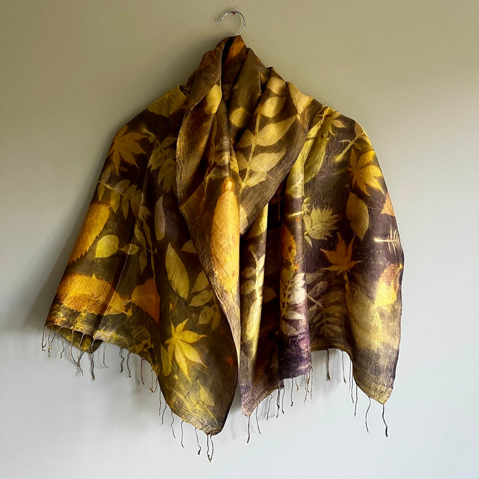 Summer weight fringed long scarf, Green gold (CRE93)