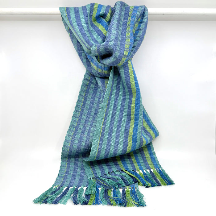 Handwoven silk and linen scarf, turquoise/mauve/lime (SB201)