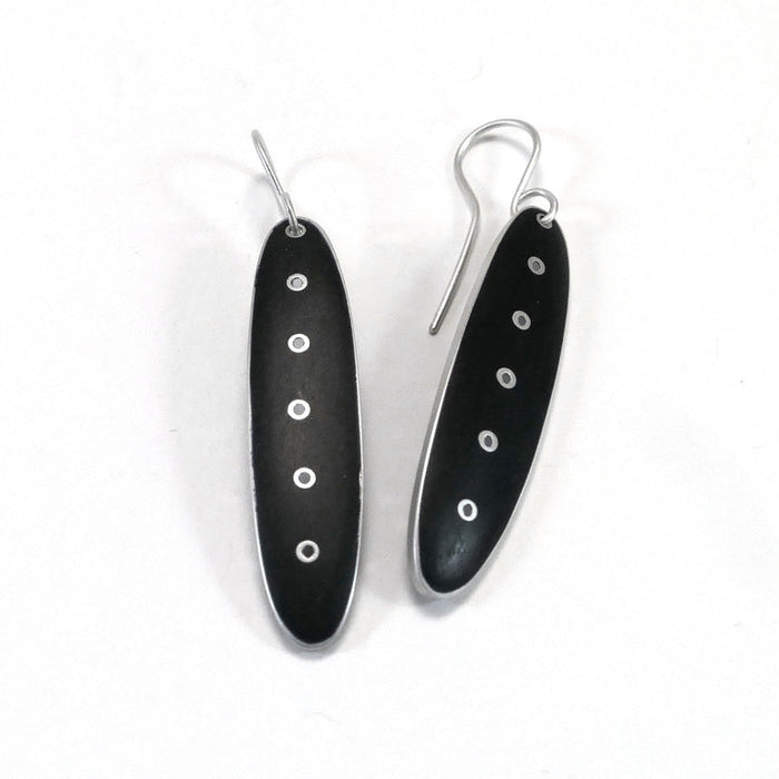 Earrings, 'Honesty' series,  slender, black, enamel & silver (FH504B)