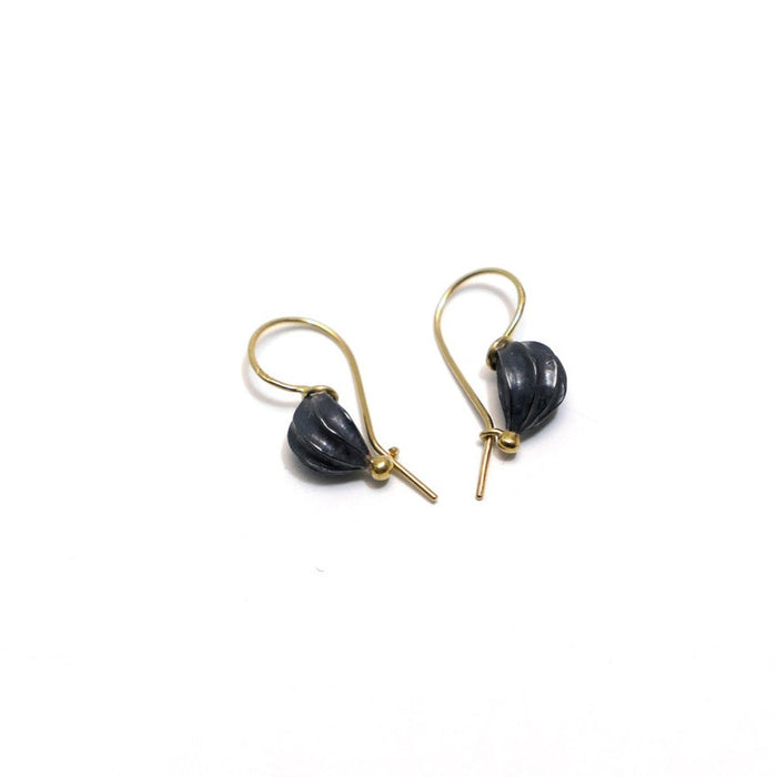 Earrings, oxidised silver, 18ct wire, fat seed pod (FH470)