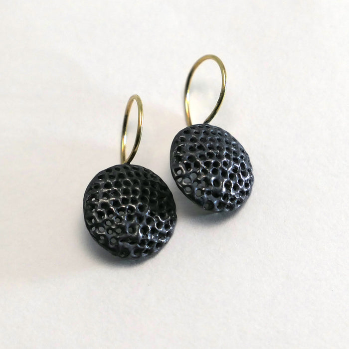 Earrings, oxidised silver, 18ct wire, porous disc (FH471)