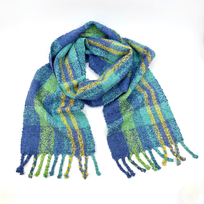 Handwoven silk and linen scarf, turquoise/blue/yellow stripes (SB203)