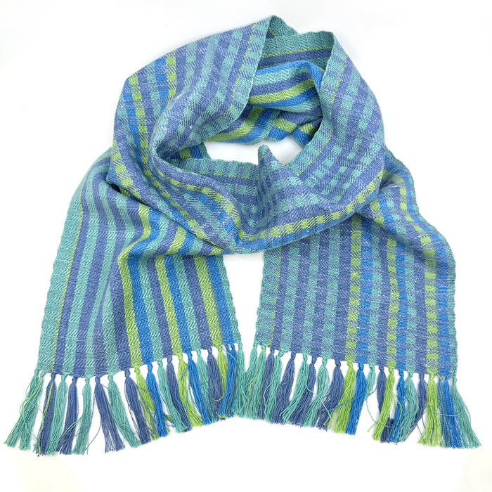 Handwoven silk and linen scarf, turquoise/mauve/lime (SB201)