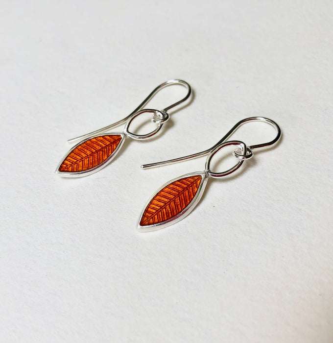 Small leaf drop earrings, silver and orange enamel (HSL2O)