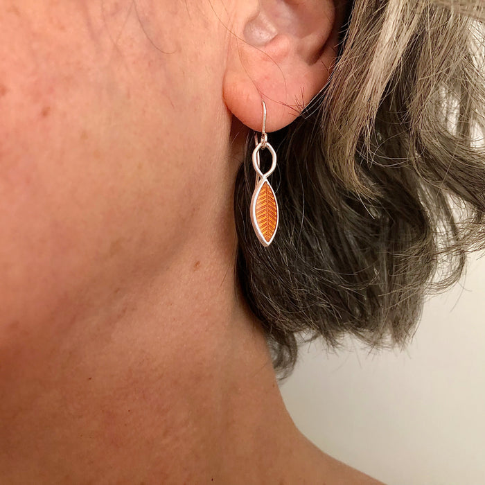 Small leaf drop earrings, silver and orange enamel (HSL2O)