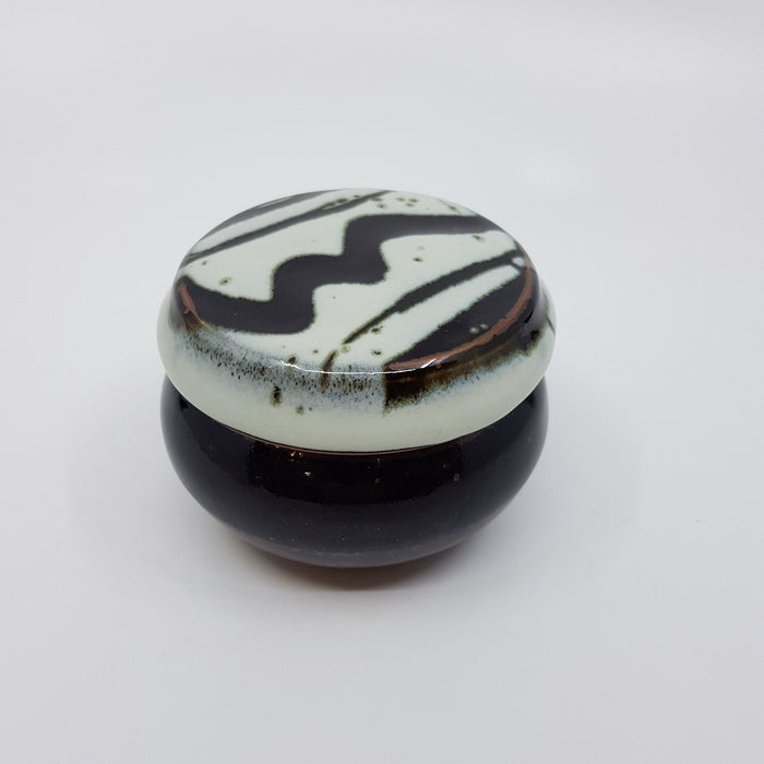 Lidded Jar, chun glaze over tenmoku with wax resist decoration (JJ28)