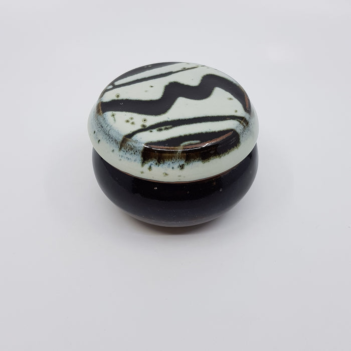 Lidded Jar, chun glaze over tenmoku with wax resist decoration (JJ28)
