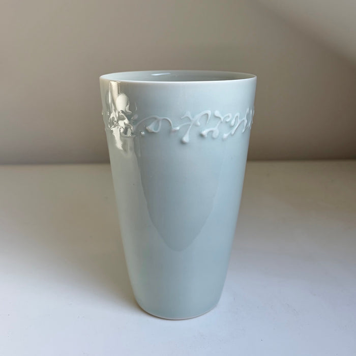 Large beaker vase with slip decoration, celedon (RH39)