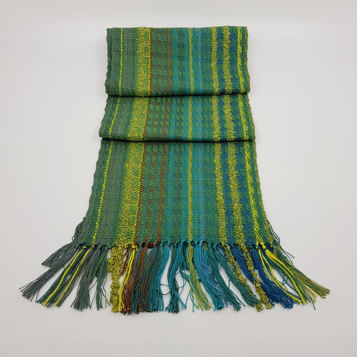 Handwoven Silk Scarf, greens and gold stripe (SB08A)