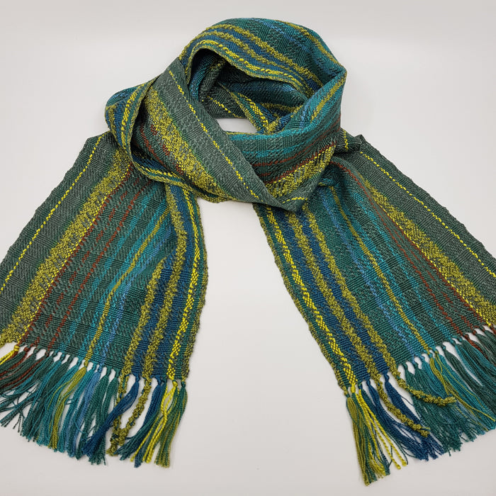 Handwoven Silk Scarf, greens/gold stripe (SB08)
