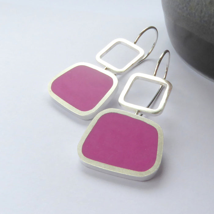 Magenta Colourblock Square Drops Earrings (ST364)