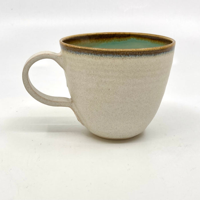 Curve Espresso Cup, satin cream/turquoise glaze tenmoku rim (TL293)