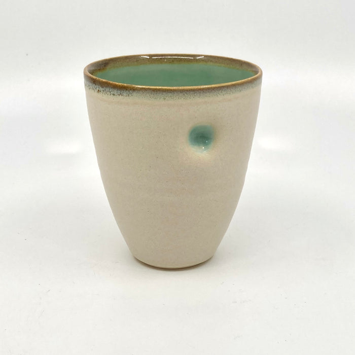 Thumb beaker, satin cream/turquoise glaze tenmoku rim (TL304)