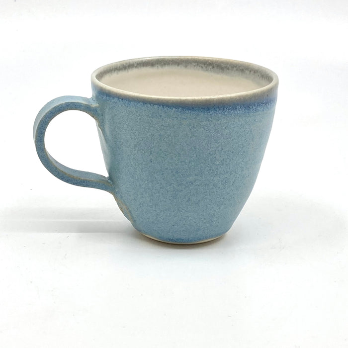 Curve Espresso Cup, satin pale blue/ white glaze, grey rim (TL470)