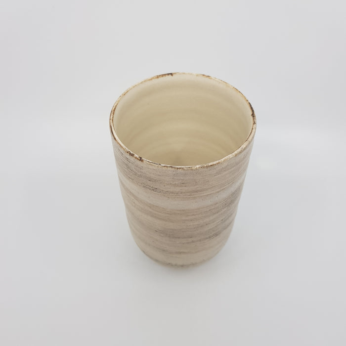 Vase with curved base, satin cream glaze over iron and manganese oxides  (TL1160)