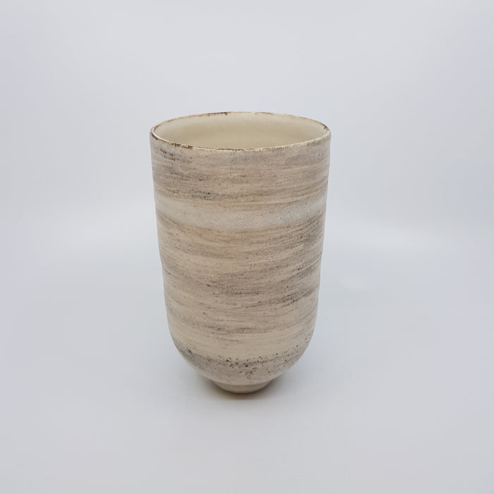 Vase with curved base, satin cream glaze over iron and manganese oxides  (TL1160)