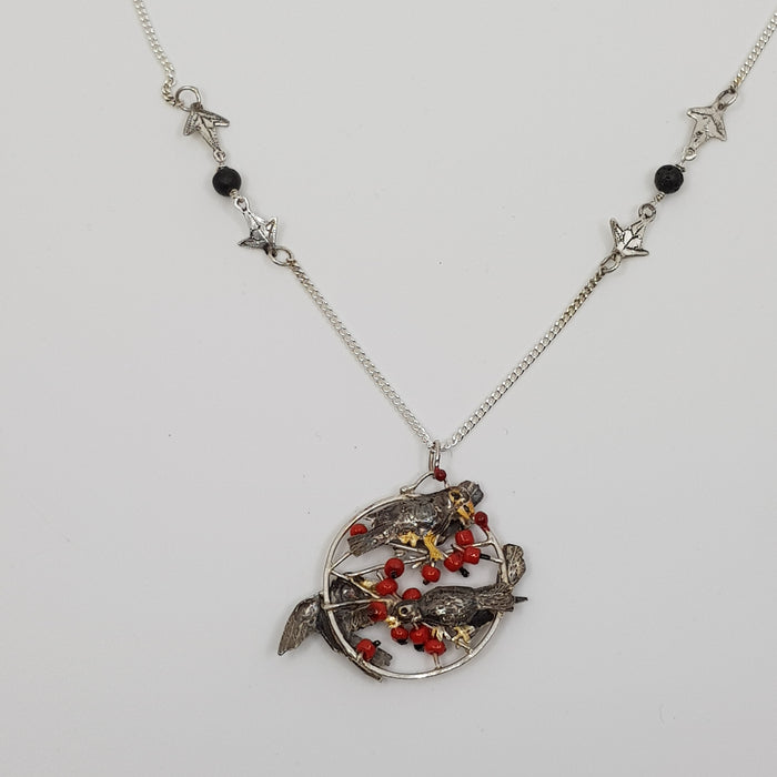 Necklace, cloud of blackbirds in red berry bush (ED229)